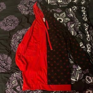 Red and black split hoodie with hearts design